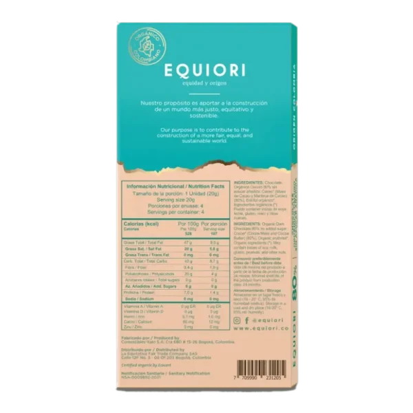 Chocolate Negro 80% Orgánico sin Azucar Barra 80gr - Imagen 2
